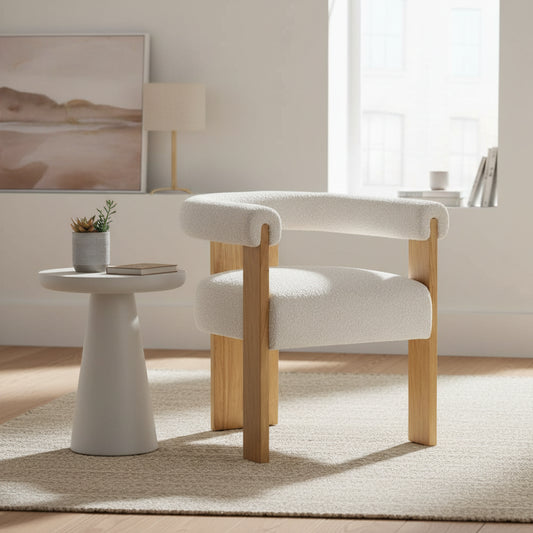 Fauteuil d'appoint de salon rond en tissu bouclé au dossier incurvé en polyester, style moderne du milieu du siècle - Crème ou blanc