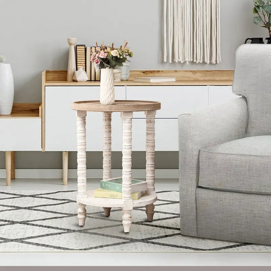Distressed white and natural wood round side table with storage function