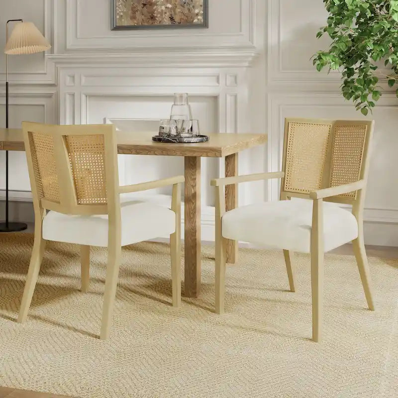 Lot de 2 chaises de salle à manger avec accoudoirs, style milieu du siècle, avec dossier en rotin