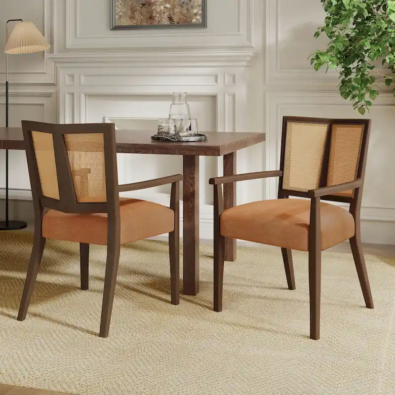Lot de 2 chaises de salle à manger avec accoudoirs, style milieu du siècle, avec dossier en rotin