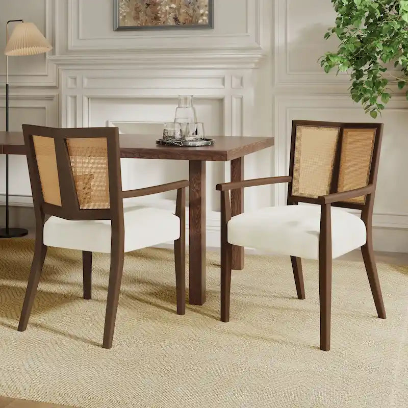 Lot de 2 chaises de salle à manger avec accoudoirs, style milieu du siècle, avec dossier en rotin
