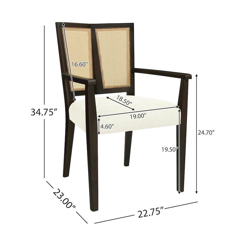 Lot de 2 chaises de salle à manger avec accoudoirs, style milieu du siècle, avec dossier en rotin
