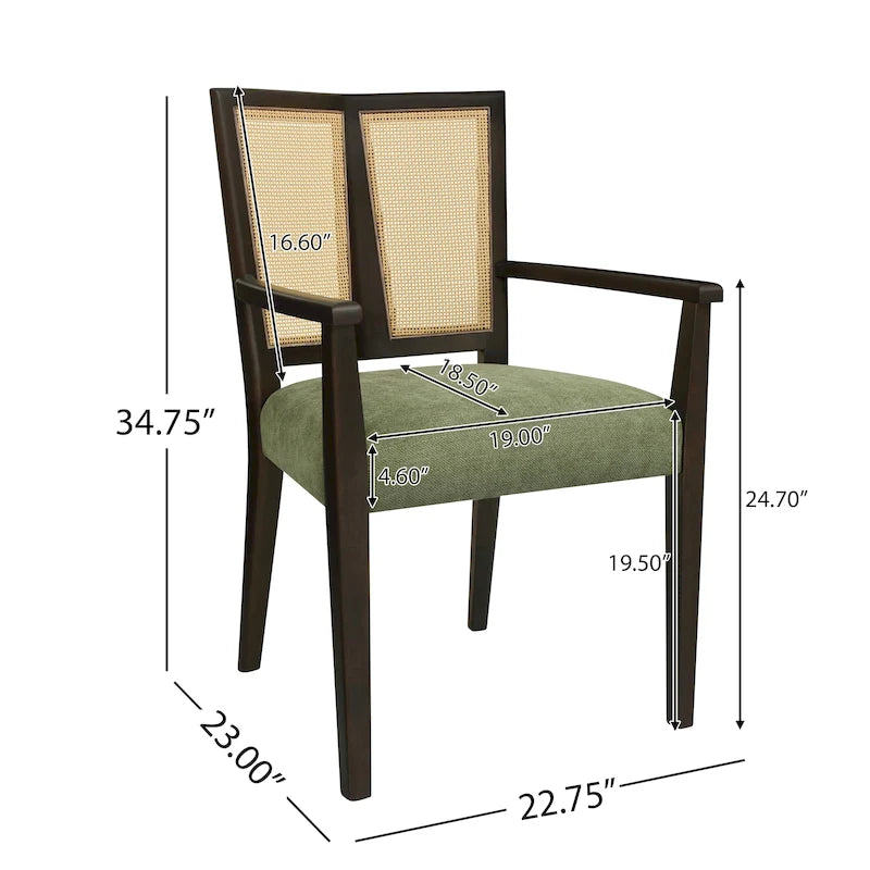 Lot de 2 chaises de salle à manger avec accoudoirs, style milieu du siècle, avec dossier en rotin