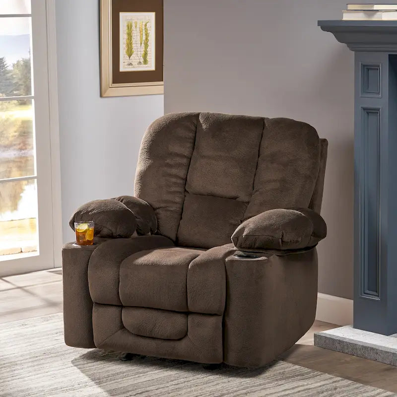 Fauteuil inclinable manuel de luxe couleur chocolat avec revêtement doux pour la peau et double porte-gobelet