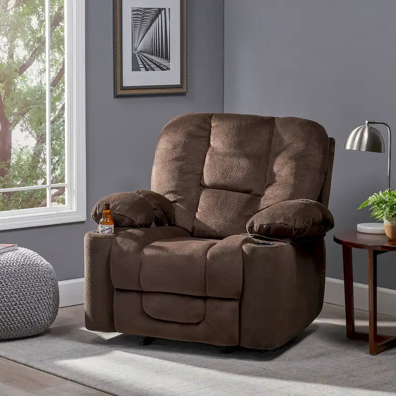 Fauteuil inclinable manuel de luxe couleur chocolat avec revêtement doux pour la peau et double porte-gobelet
