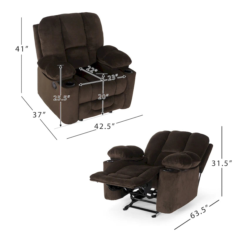 Fauteuil inclinable manuel de luxe couleur chocolat avec revêtement doux pour la peau et double porte-gobelet