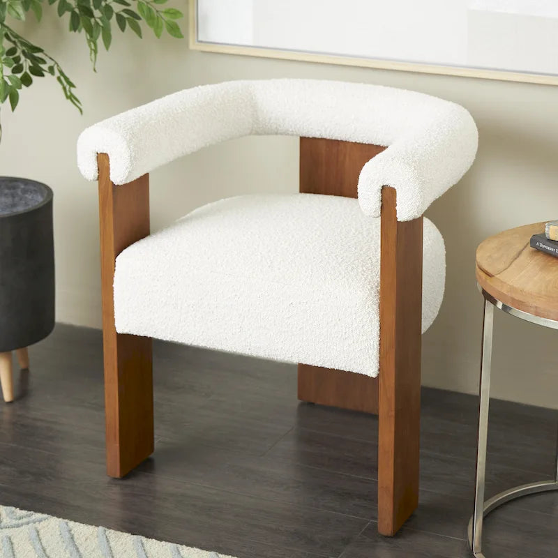 Fauteuil d'appoint de salon rond en tissu bouclé au dossier incurvé en polyester, style moderne du milieu du siècle - Crème ou blanc