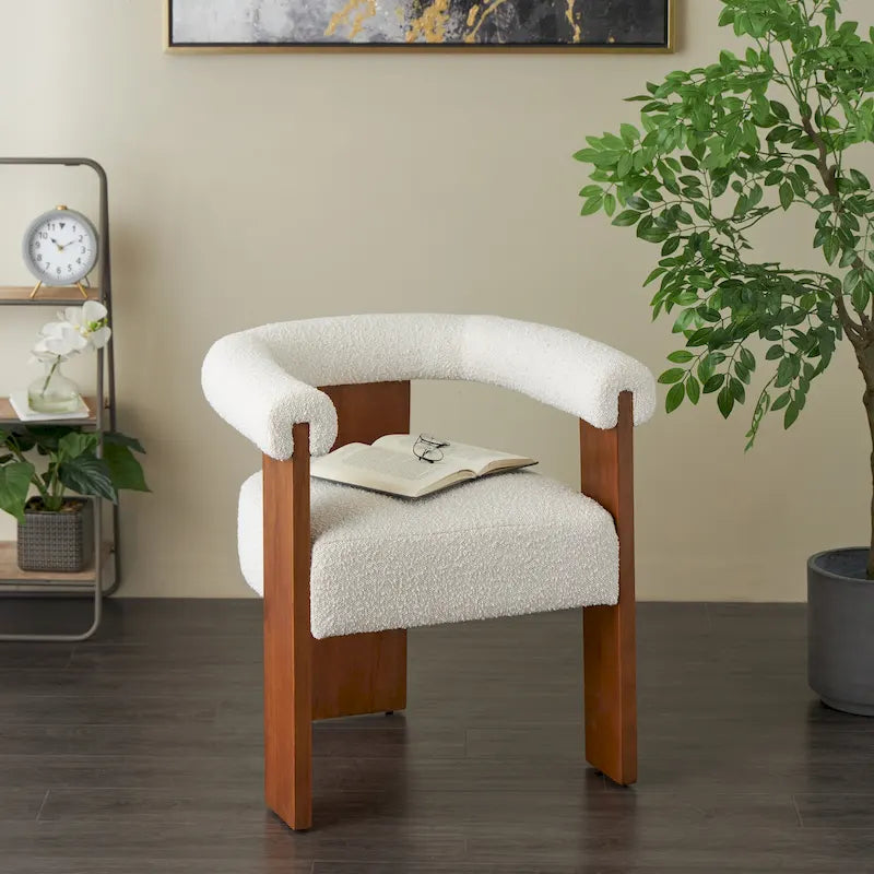 Fauteuil d'appoint de salon rond en tissu bouclé au dossier incurvé en polyester, style moderne du milieu du siècle - Crème ou blanc