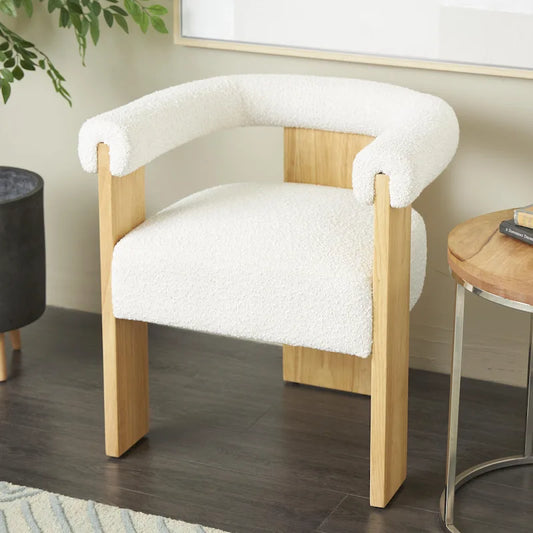 Fauteuil d'appoint de salon rond en tissu bouclé au dossier incurvé en polyester, style moderne du milieu du siècle - Crème ou blanc