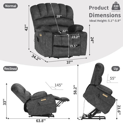 Fauteuil inclinable releveur électrique, fauteuil inclinable grand dossier coquille avec massage et chauffage pour personnes âgées
