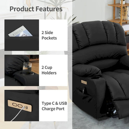Fauteuil inclinable releveur électrique, fauteuil inclinable grand dossier coquille avec massage et chauffage pour personnes âgées