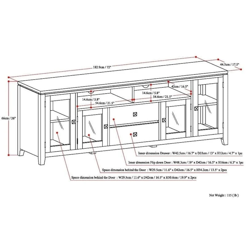 Meuble TV/Média Contemporain en Bois Massif de 183 cm de Large pour TV jusqu'à 80 pouces