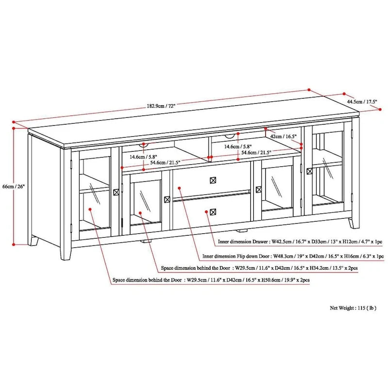 Meuble TV/Média Contemporain en Bois Massif de 183 cm de Large pour TV jusqu'à 80 pouces