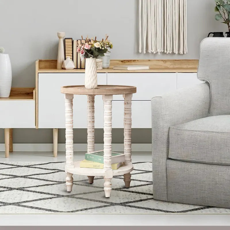 Table d'appoint ronde en bois naturel et vieilli avec rangement
