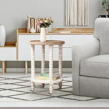 Table d'appoint ronde en bois naturel et vieilli avec rangement