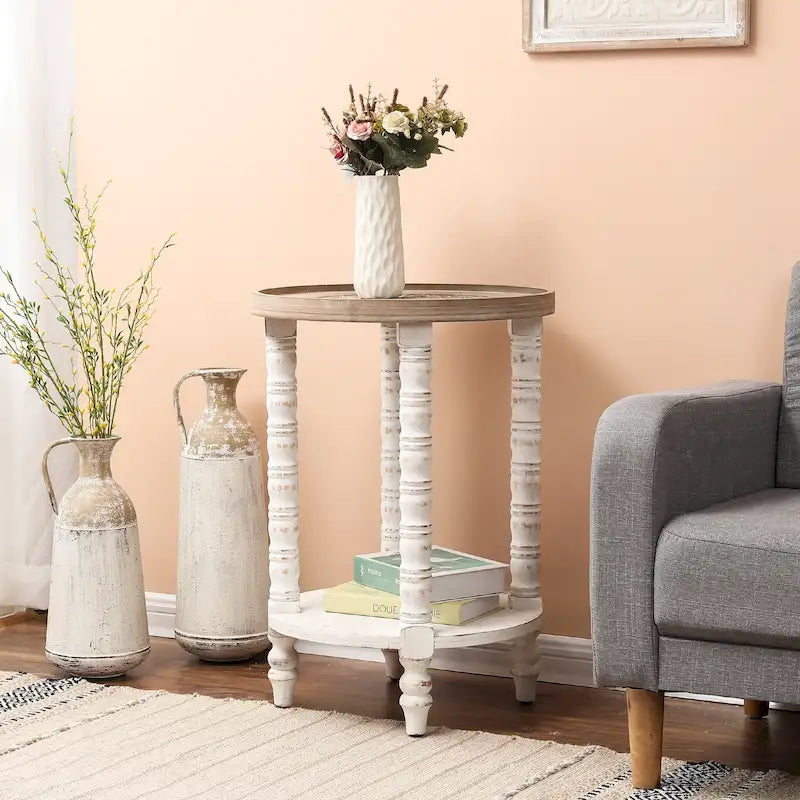 Table d'appoint ronde en bois naturel et vieilli avec rangement
