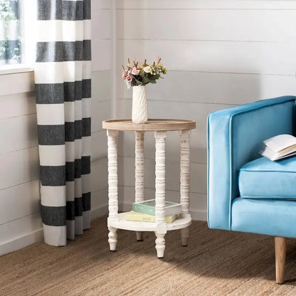 Table d'appoint ronde en bois naturel et vieilli avec rangement