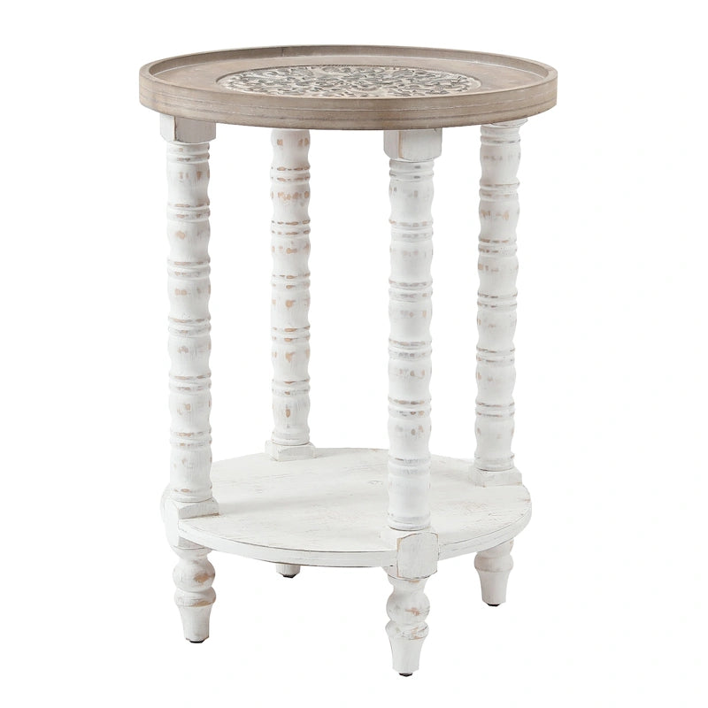 Table d'appoint ronde en bois naturel et vieilli avec rangement