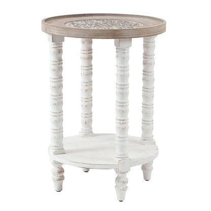 Table d'appoint ronde en bois naturel et vieilli avec rangement