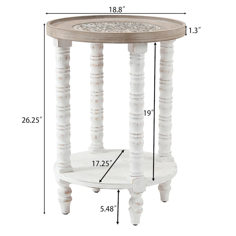 Table d'appoint ronde en bois naturel et vieilli avec rangement