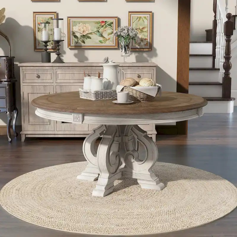 La table de salle à manger ronde en bois antique blanc de 60 pouces Farmhouse
