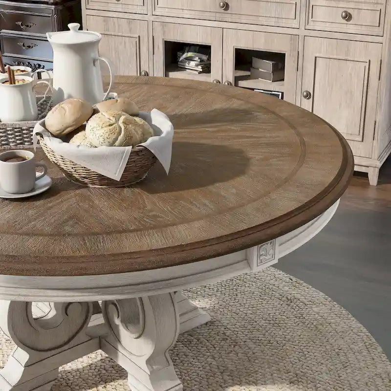 La table de salle à manger ronde en bois antique blanc de 60 pouces Farmhouse