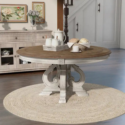 La table de salle à manger ronde en bois antique blanc de 60 pouces Farmhouse
