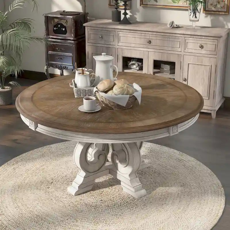 La table de salle à manger ronde en bois antique blanc de 60 pouces Farmhouse