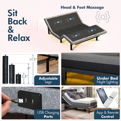 Sommier Réglable avec Double Massage - USB, Lumière Sous le Lit, Gravité Zéro, Contrôle par Application, Inclinaison Tête et Pieds
