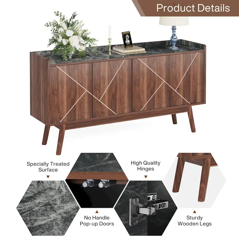 Meuble de rangement buffet de cuisine de 55 pouces avec portes pour bar à café