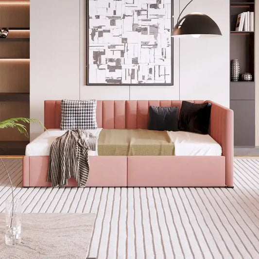 Linen Fabric Upholstered Daybed with 2 Storage Drawers and Twin Size Sofa Bed Frame & Upholstered Backrest, No Box Spring Needed