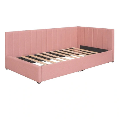 Lit de Repos Rembourré en Tissu de Lin avec 2 Tiroirs de Rangement et Cadre de Canapé-Lit Jumeau & Dossier Rembourré, Aucun Sommier Tapissier Requis