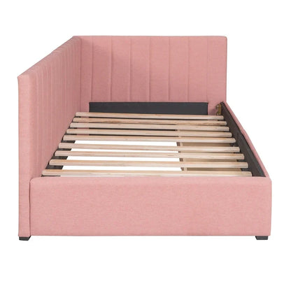 Lit de Repos Rembourré en Tissu de Lin avec 2 Tiroirs de Rangement et Cadre de Canapé-Lit Jumeau & Dossier Rembourré, Aucun Sommier Tapissier Requis