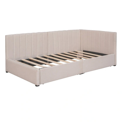 Lit de Repos Rembourré en Tissu de Lin avec 2 Tiroirs de Rangement et Cadre de Canapé-Lit Jumeau & Dossier Rembourré, Aucun Sommier Tapissier Requis