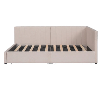 Lit de Repos Rembourré en Tissu de Lin avec 2 Tiroirs de Rangement et Cadre de Canapé-Lit Jumeau & Dossier Rembourré, Aucun Sommier Tapissier Requis