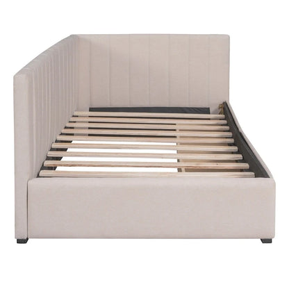 Lit de Repos Rembourré en Tissu de Lin avec 2 Tiroirs de Rangement et Cadre de Canapé-Lit Jumeau & Dossier Rembourré, Aucun Sommier Tapissier Requis