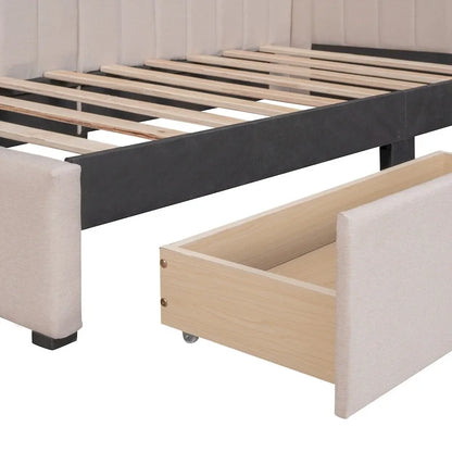 Lit de Repos Rembourré en Tissu de Lin avec 2 Tiroirs de Rangement et Cadre de Canapé-Lit Jumeau & Dossier Rembourré, Aucun Sommier Tapissier Requis