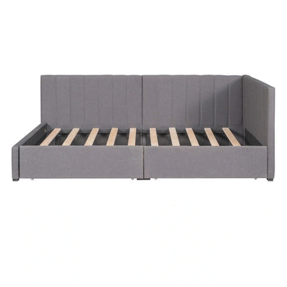 Lit de Repos Rembourré en Tissu de Lin avec 2 Tiroirs de Rangement et Cadre de Canapé-Lit Jumeau & Dossier Rembourré, Aucun Sommier Tapissier Requis