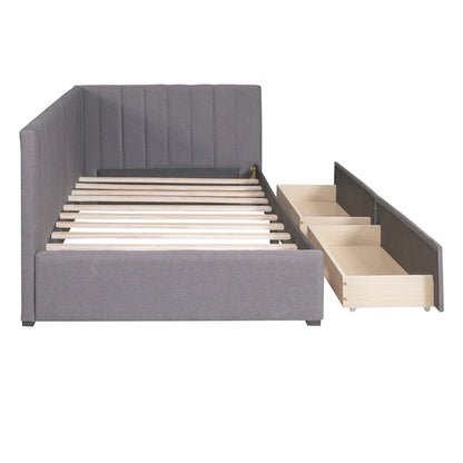 Lit de Repos Rembourré en Tissu de Lin avec 2 Tiroirs de Rangement et Cadre de Canapé-Lit Jumeau & Dossier Rembourré, Aucun Sommier Tapissier Requis