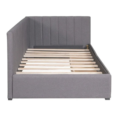 Lit de Repos Rembourré en Tissu de Lin avec 2 Tiroirs de Rangement et Cadre de Canapé-Lit Jumeau & Dossier Rembourré, Aucun Sommier Tapissier Requis