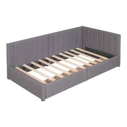 Lit de Repos Rembourré en Tissu de Lin avec 2 Tiroirs de Rangement et Cadre de Canapé-Lit Jumeau & Dossier Rembourré, Aucun Sommier Tapissier Requis