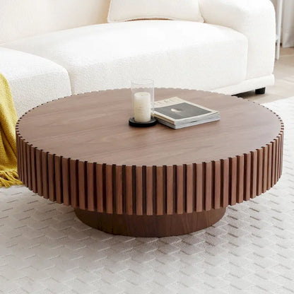 Table basse ronde en noyer noir contemporain moderne avec piédestal robuste, non assemblée