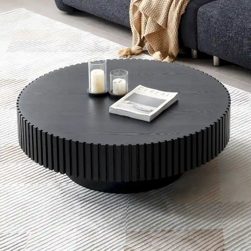 Table basse ronde en noyer noir contemporain moderne avec piédestal robuste, non assemblée