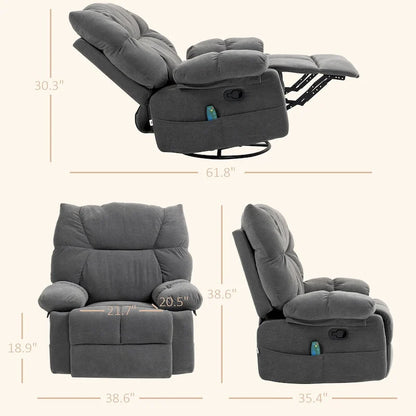 Fauteuil inclinable de massage par vibration gris foncé avec chaleur, fauteuil à bascule pivotant surdimensionné, canapé simple