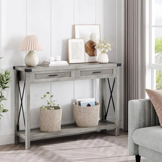 Boho Entryway Table with Rattan Drawers, Console Table for Entryway