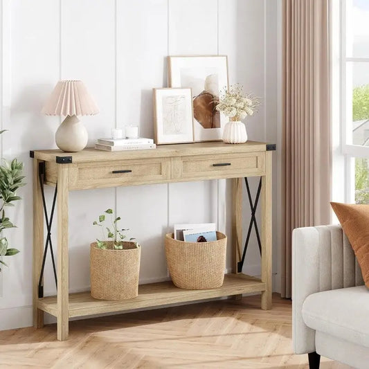 Wicker drawer entryway table, entryway control table